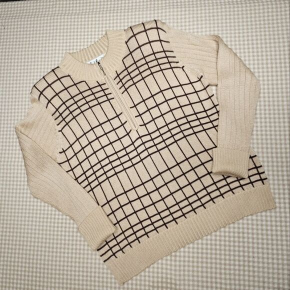 Talk of the Walk Atlantic City 80s Quarter Zip Camel Brown Plaid Knit Sweater - Picture 11 of 12